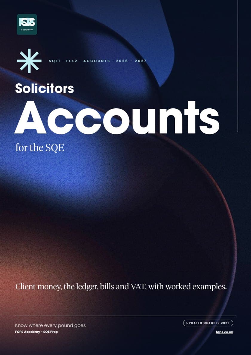 Cover of the free FQPS guide: Solicitors Accounts for the SQE