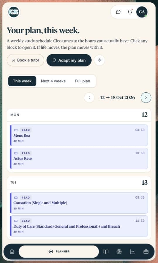 The FQPS mobile app showing a weekly SQE study plan with scheduled revision tasks