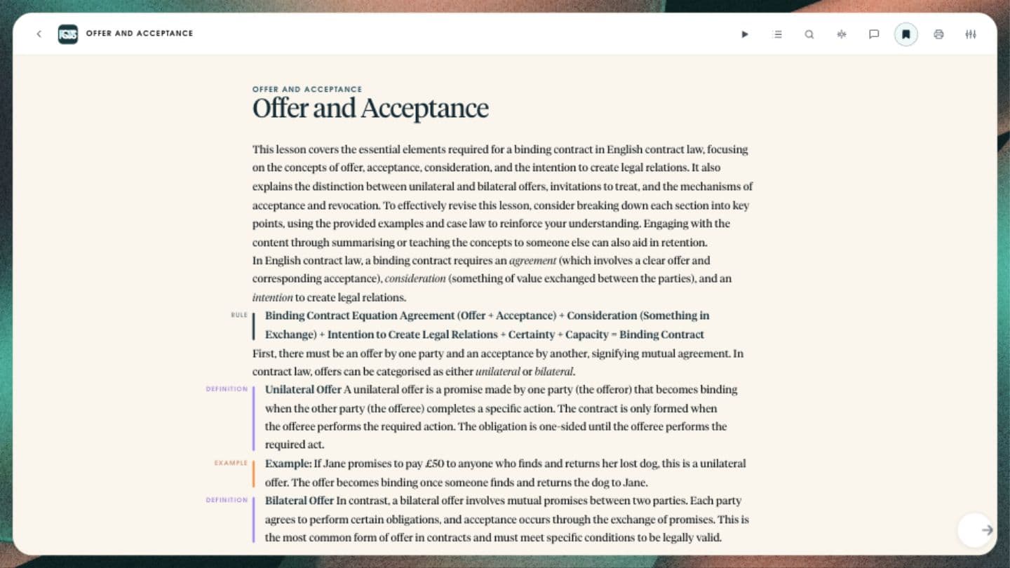 FQPS Academy on an Android tablet, showing the Offer and Acceptance revision card and legal explanations