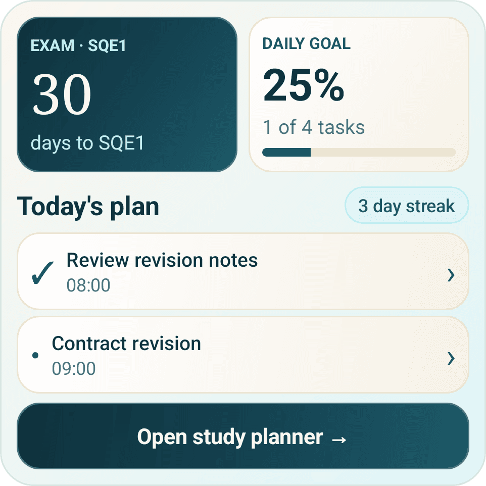 FQPS Android study-plan widget with an exam countdown, daily goal and revision tasks