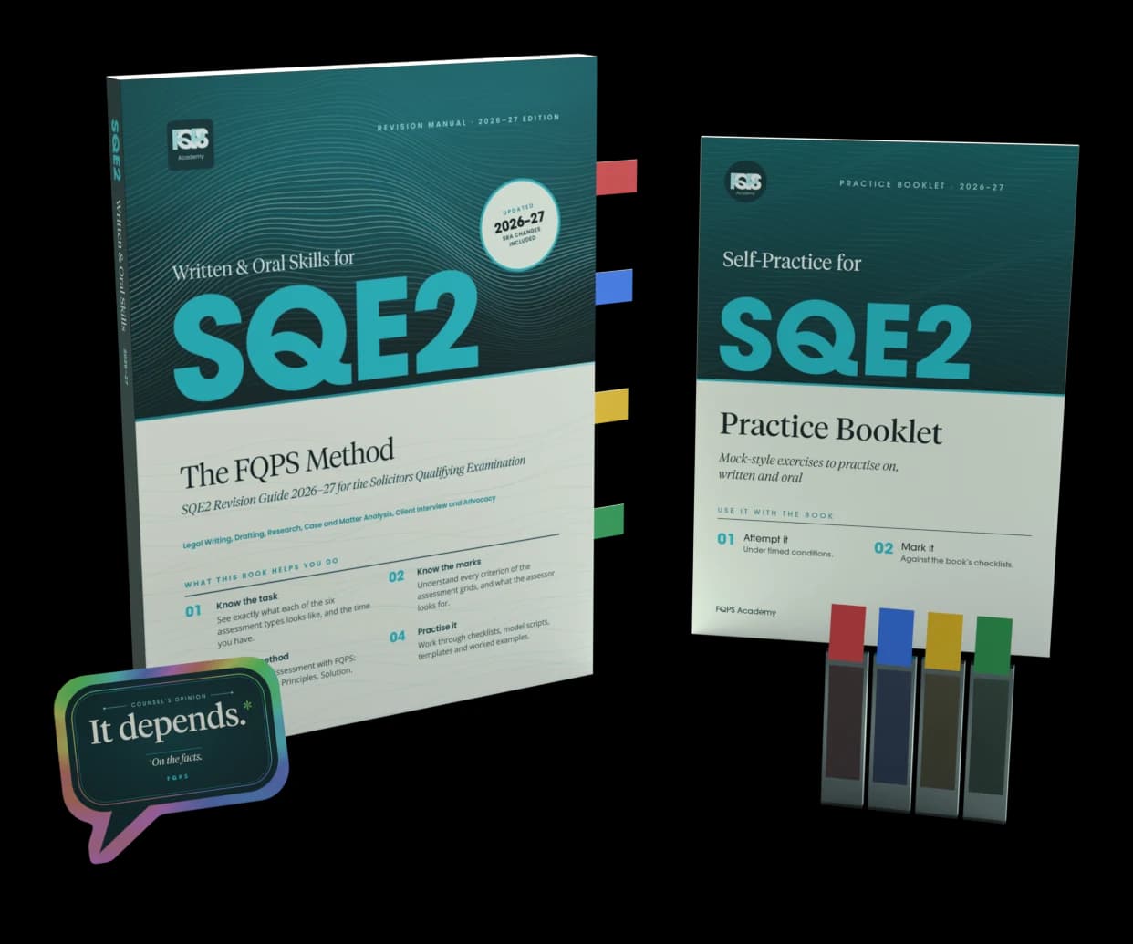 The SQE2 Study Pack standing: Written & Oral Skills for SQE2 with colour index flags, the self-practice booklet, flag dispensers and an "It depends." sticker