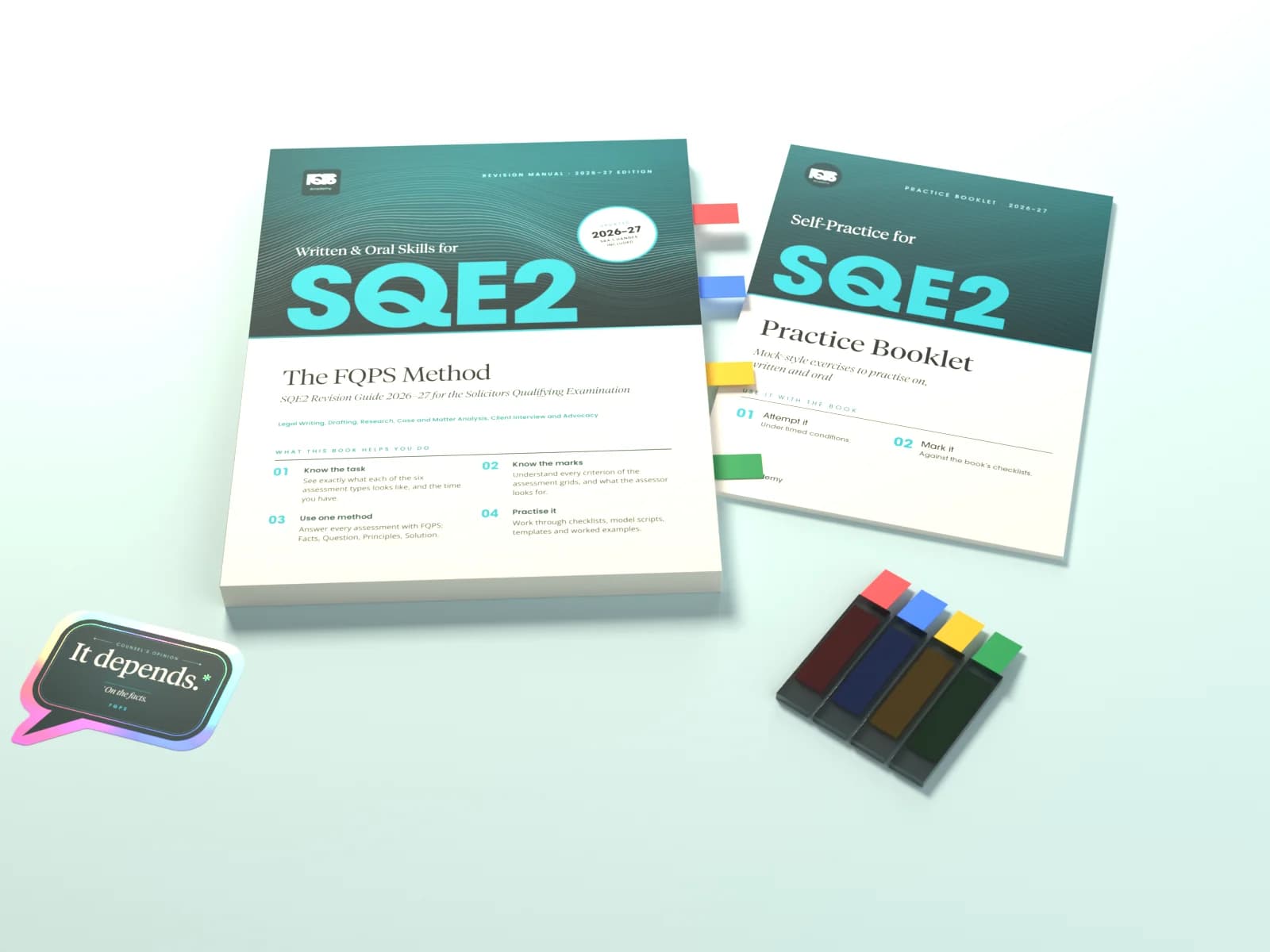 The SQE2 Study Pack: Written & Oral Skills for SQE2, the self-practice booklet, colour index flags and an "It depends." sticker
