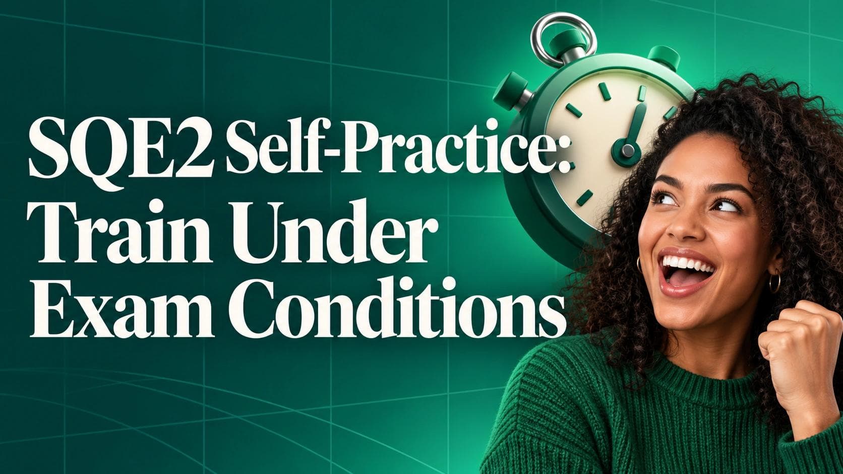 SQE2 Self-Practice: Build an Exam-Conditions Routine — emerald grid background with an expressive student and green stopwatch and cream serif lettering.