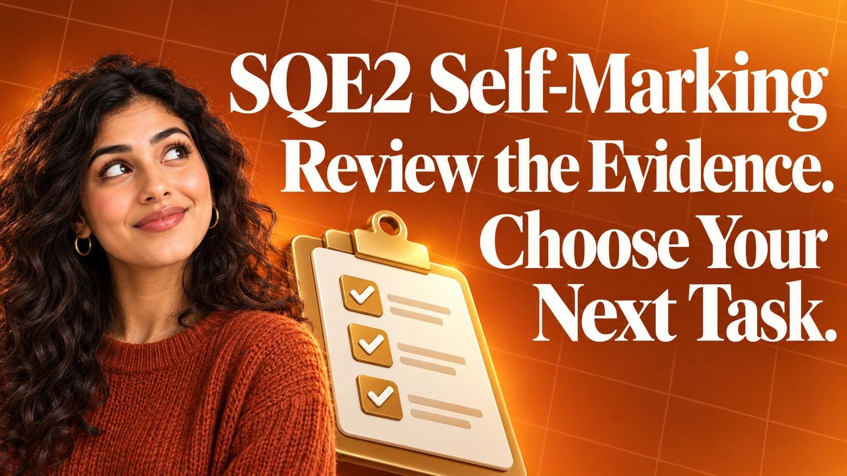 SQE2 Self-Marking: Use the SRA Performance Indicators — orange grid background with a student and gold checklist and cream serif lettering.