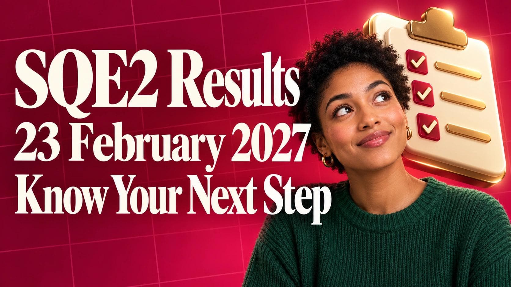 SQE2 October 2026 Results: Your 23 February Checklist — crimson grid background with a student and gold checklist and cream serif lettering.